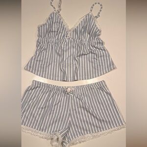 Striped Blue & White Lace-Trim Cami Short Pajama Set
